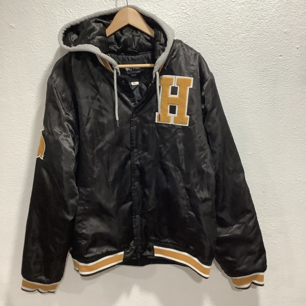 Harry Potter Hufflepuff Satin‎ Varsity Jacket Men's XL Hoodie Side Pockets